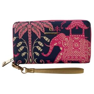 Spartina 449 Elephant Print Zip Around Wallet Wristlet Clutch Navy Blue‎ Pink